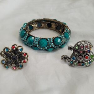Y2K Rhinestone Turtle Flower Ring And Turquoise Bracelet Bundle Lot